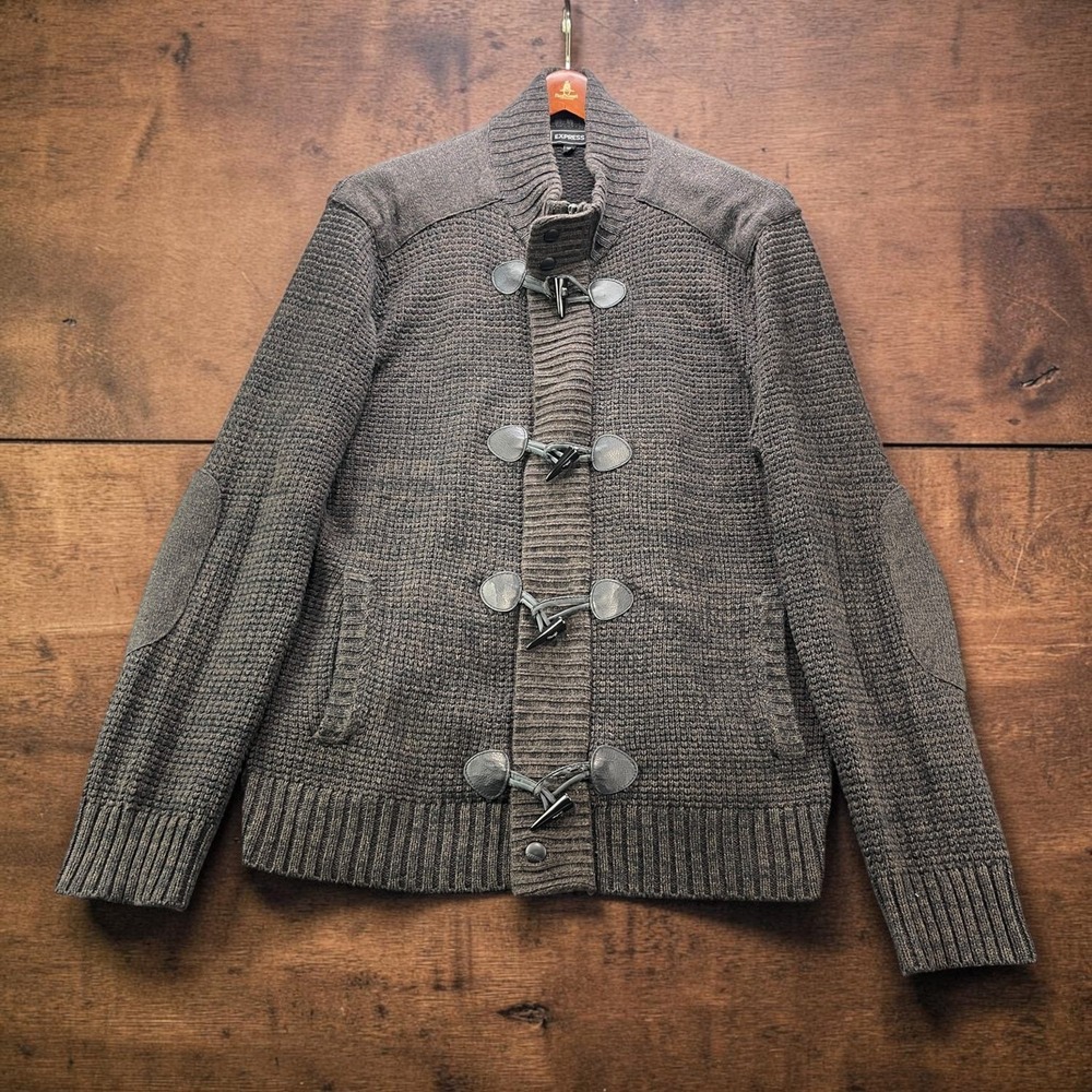 Express Mens XL Chunky Knit Toggle Cardigan Sweater Zip Front Grey Brown Marled